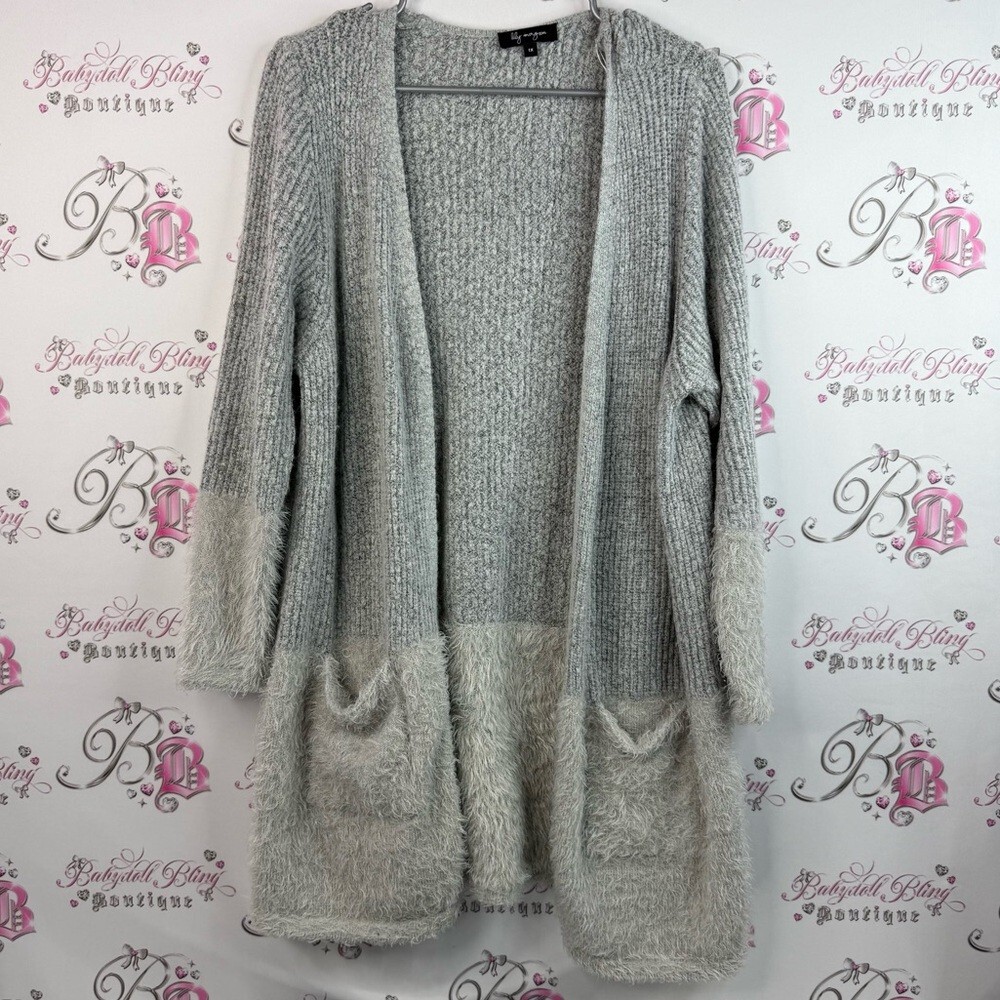 Lily Morgan cardigan sweater furry fuzzy knit Elegant Gray Hooded Cardigan
